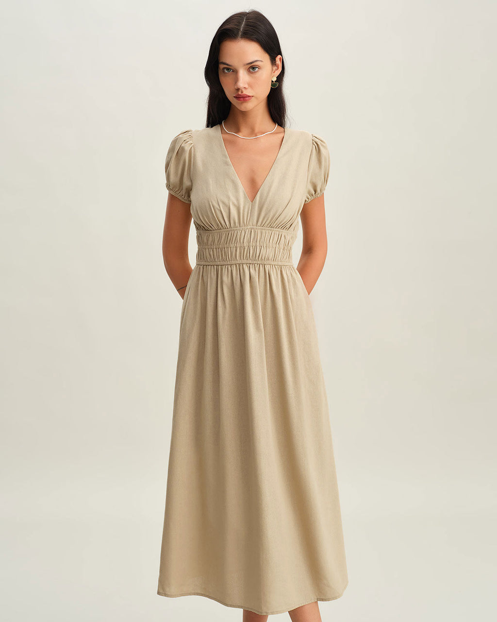 Beige Ruched Puffed Sleeve Midi Dress