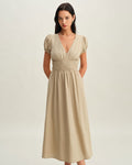 Beige Ruched Puffed Sleeve Midi Dress