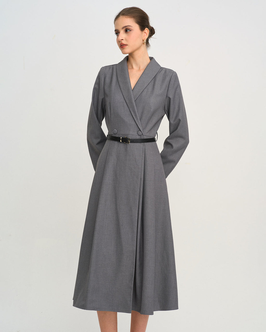 Grey Button A-Line Midi Dress