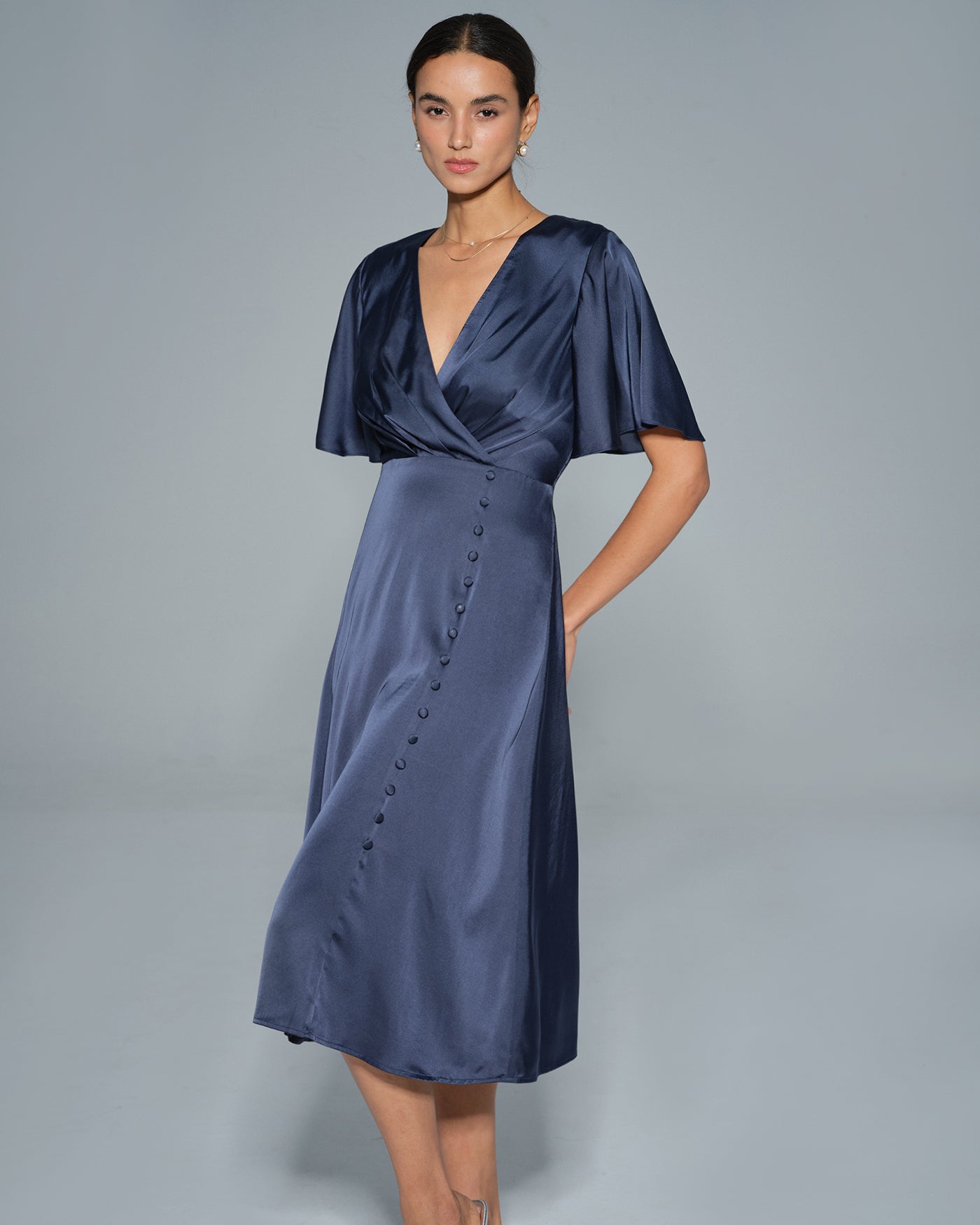 Navy V Neck Satin Midi Dress