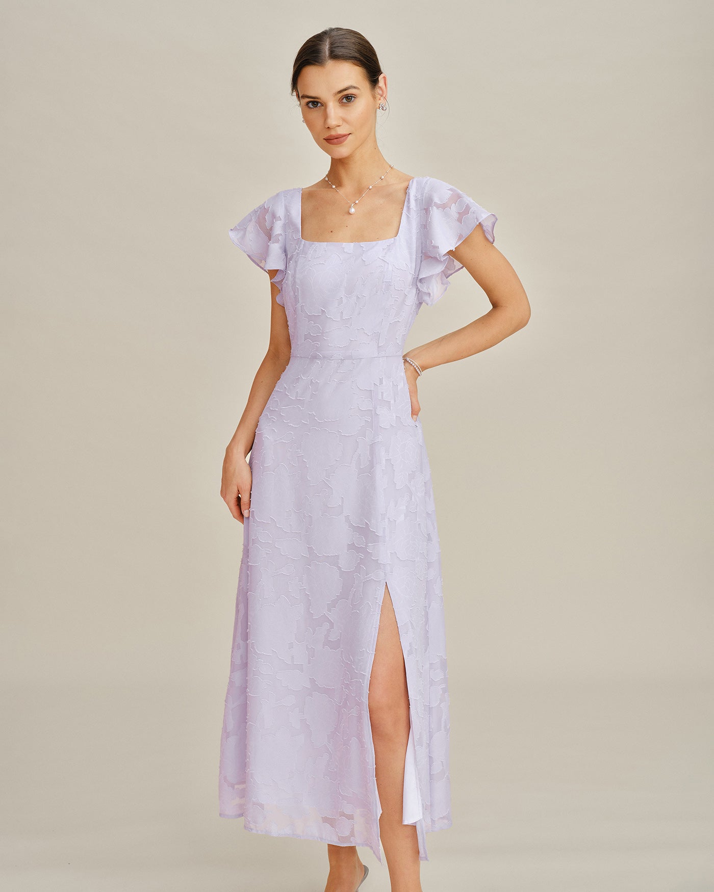 Purple Square Neck Jacquard Midi Dress