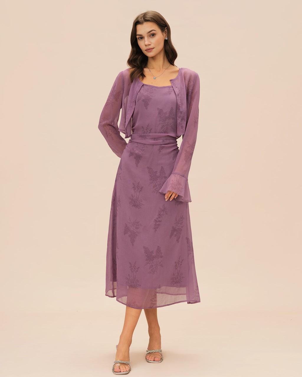Purple Floral Ruched Slip Midi Dress