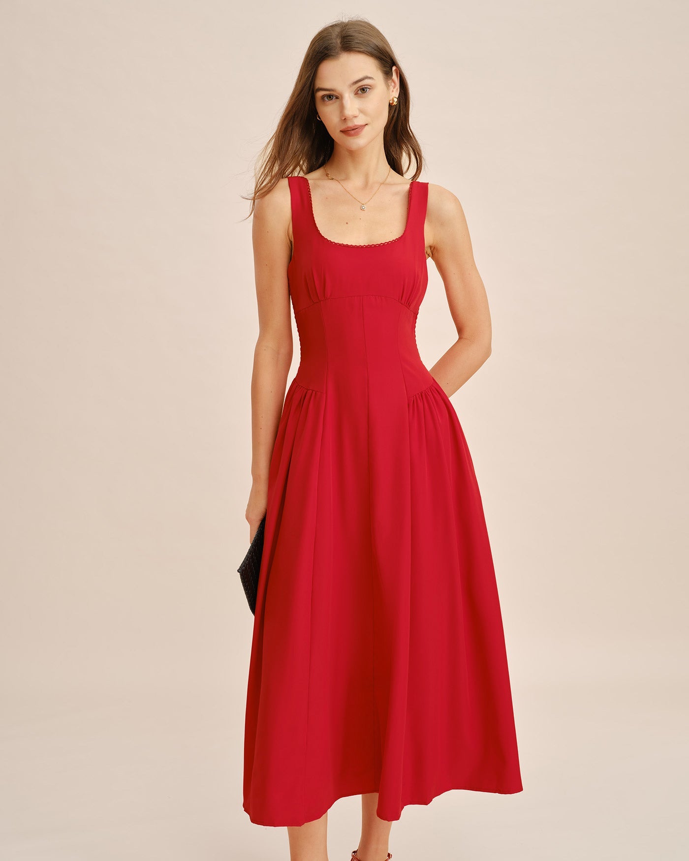 Red Square Neck Sleeveless Midi Dress