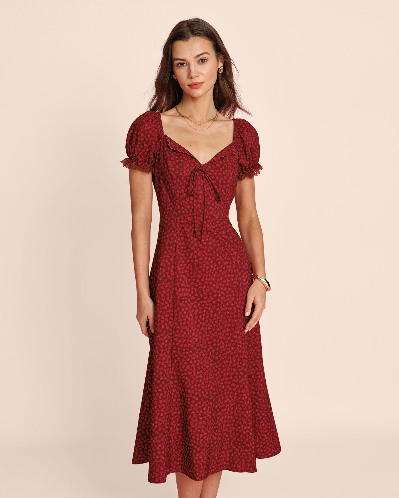 Red V Neck Lace Floral Midi Dress