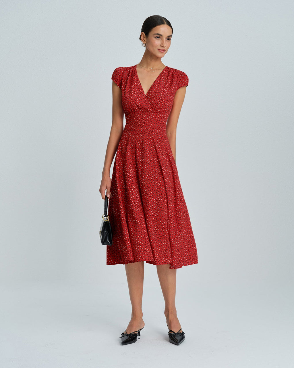 Red Cap Sleeve Floral Midi Dress