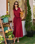 Red Collar Belt Button Midi Dress