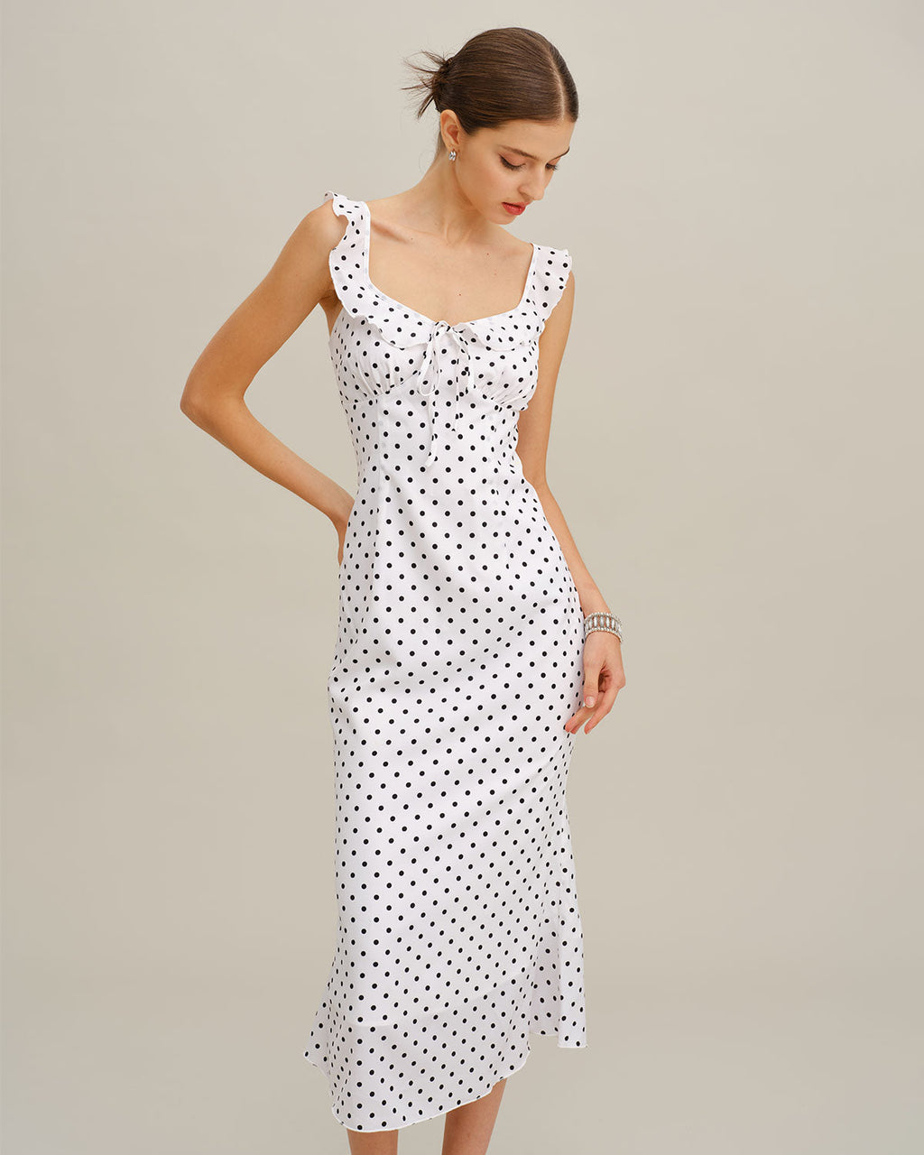 White Polka Dot Ruffle Midi Dress