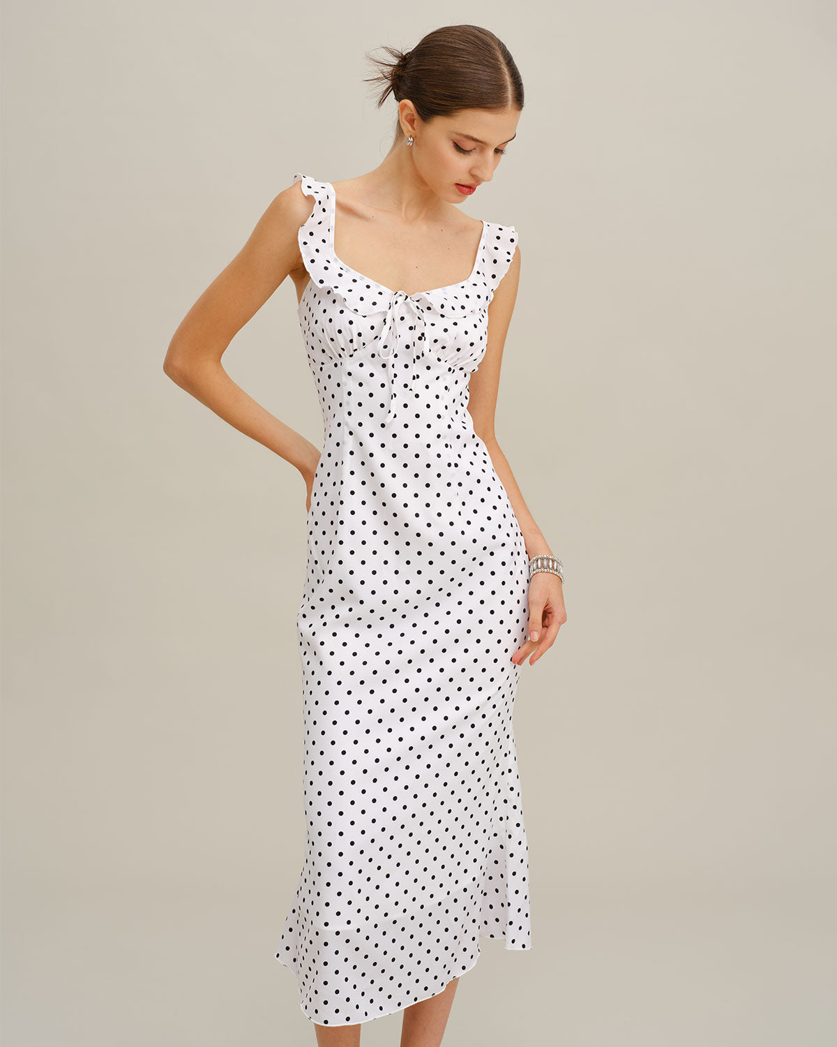 White Polka Dot Ruffle Midi Dress