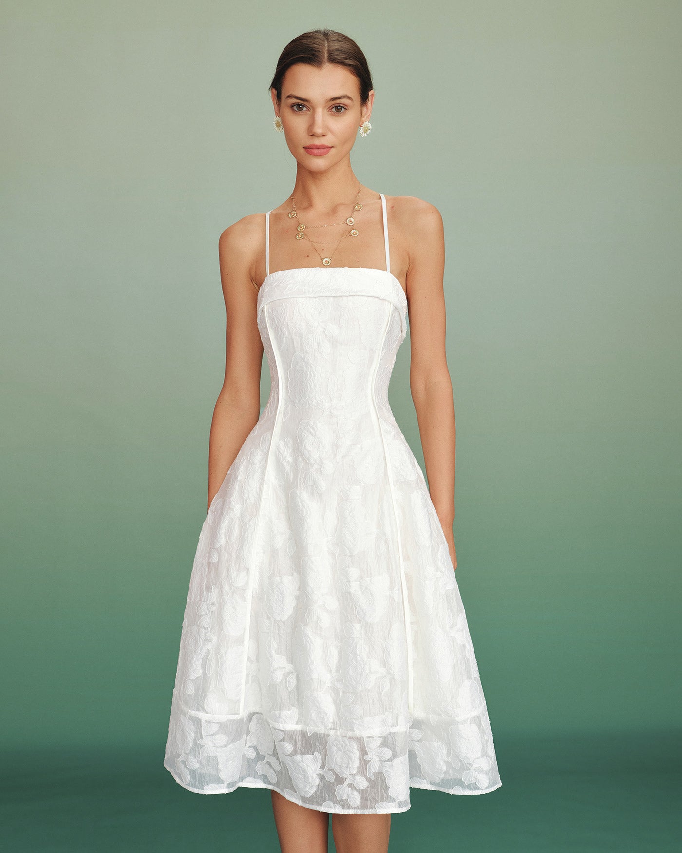 White Square Neck Jacquard Slip Midi Dress