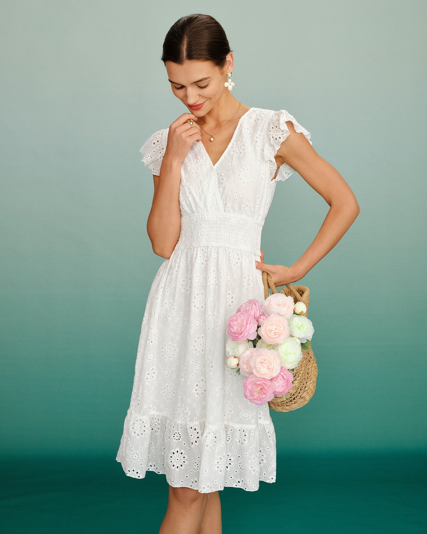 White V Neck Shirred Midi Dress