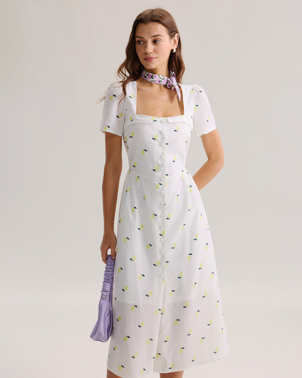 White Fruit Square Neck Midi Dress