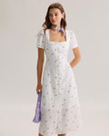 White Fruit Square Neck Midi Dress