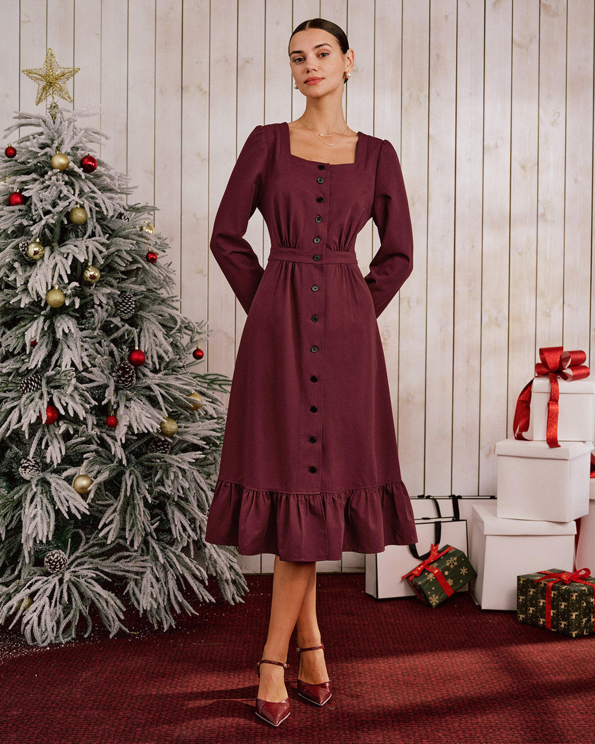 Wine Red Square Neck Button Midi Dress