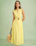 Yellow Collar Belt Button Midi Dress