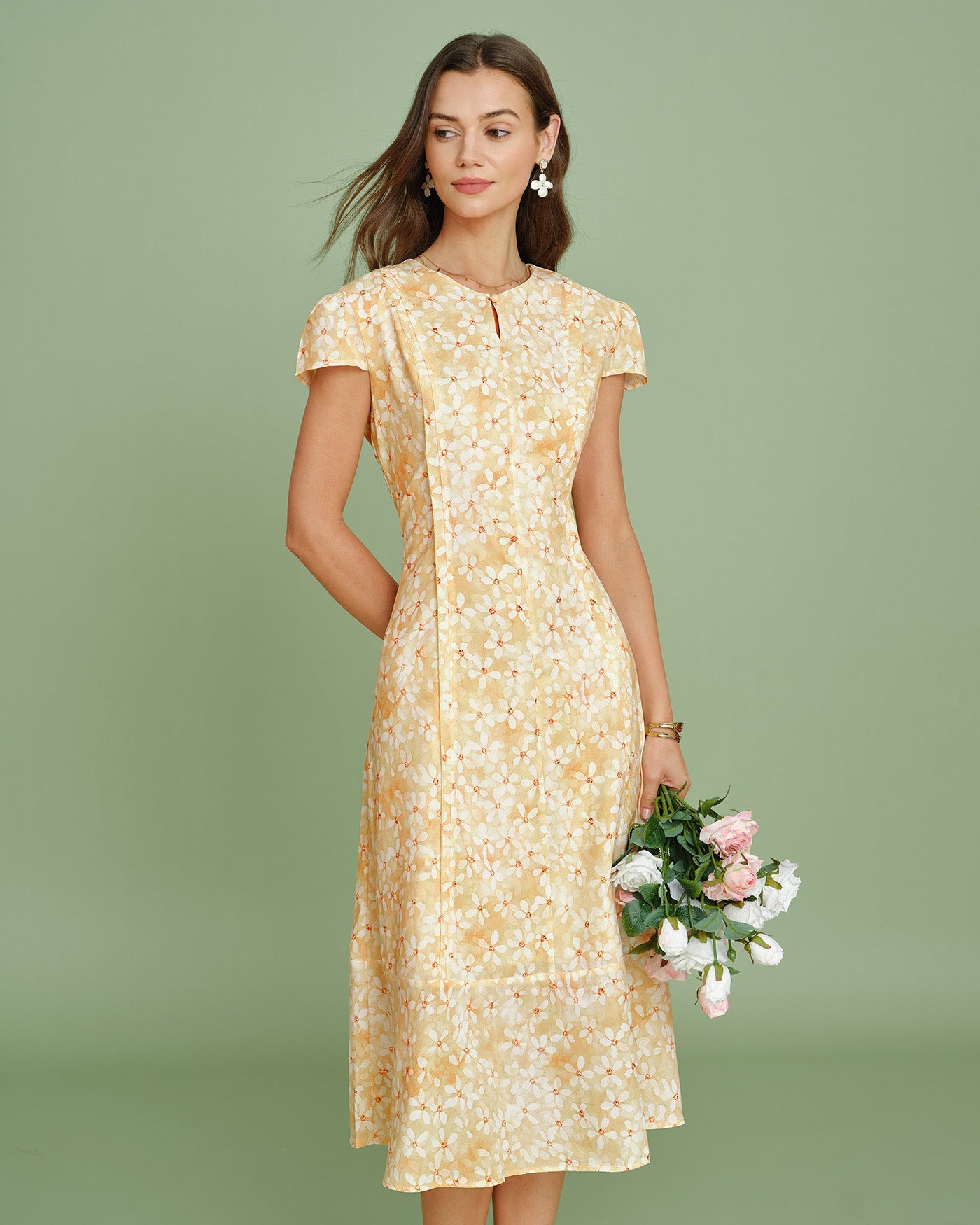 Yellow Cap Sleeve Floral Midi Dress