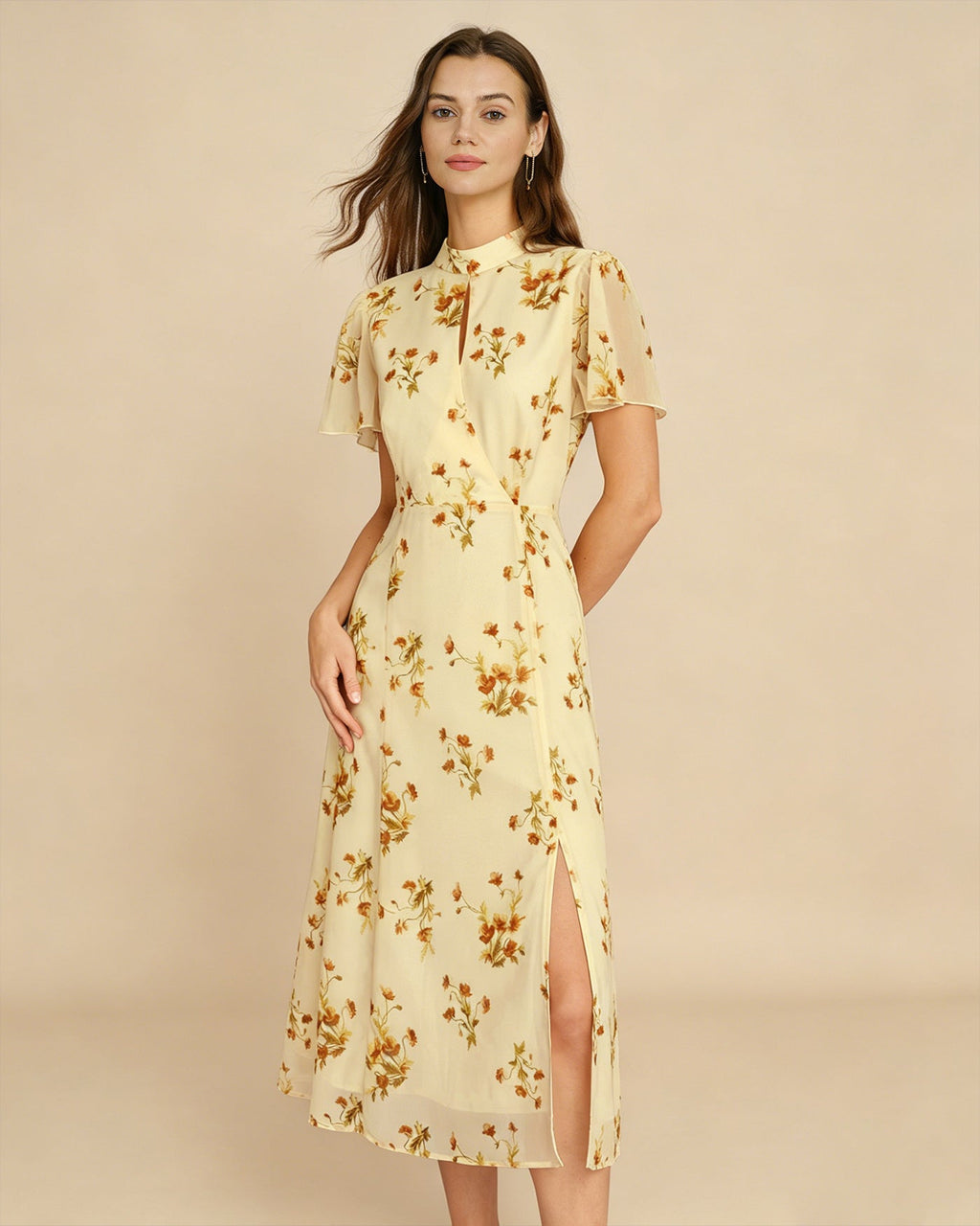 Yellow Turtle Butterfly Sleeve Floral Midi Dress