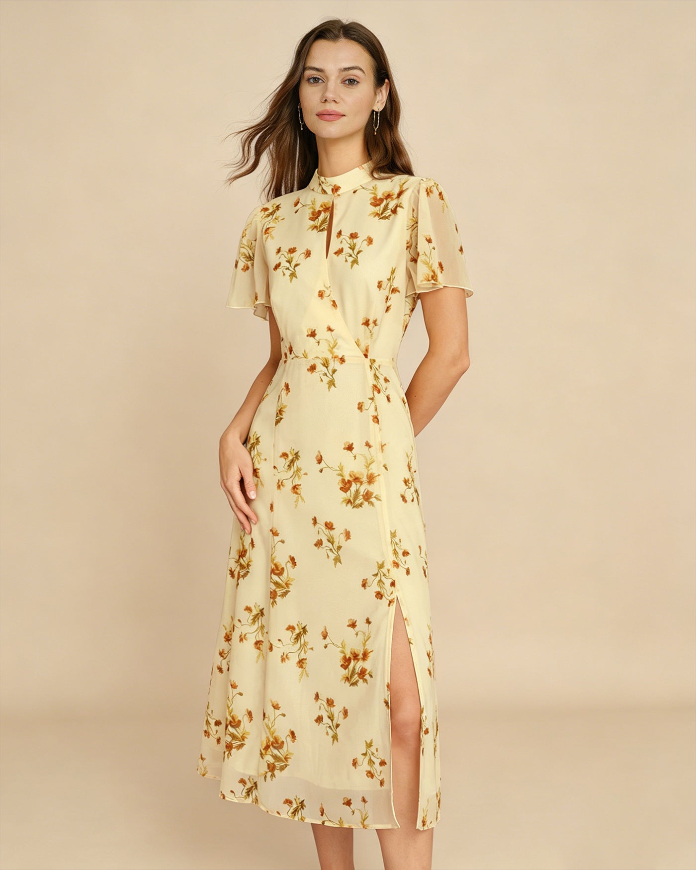 Yellow Turtle Butterfly Sleeve Floral Midi Dress