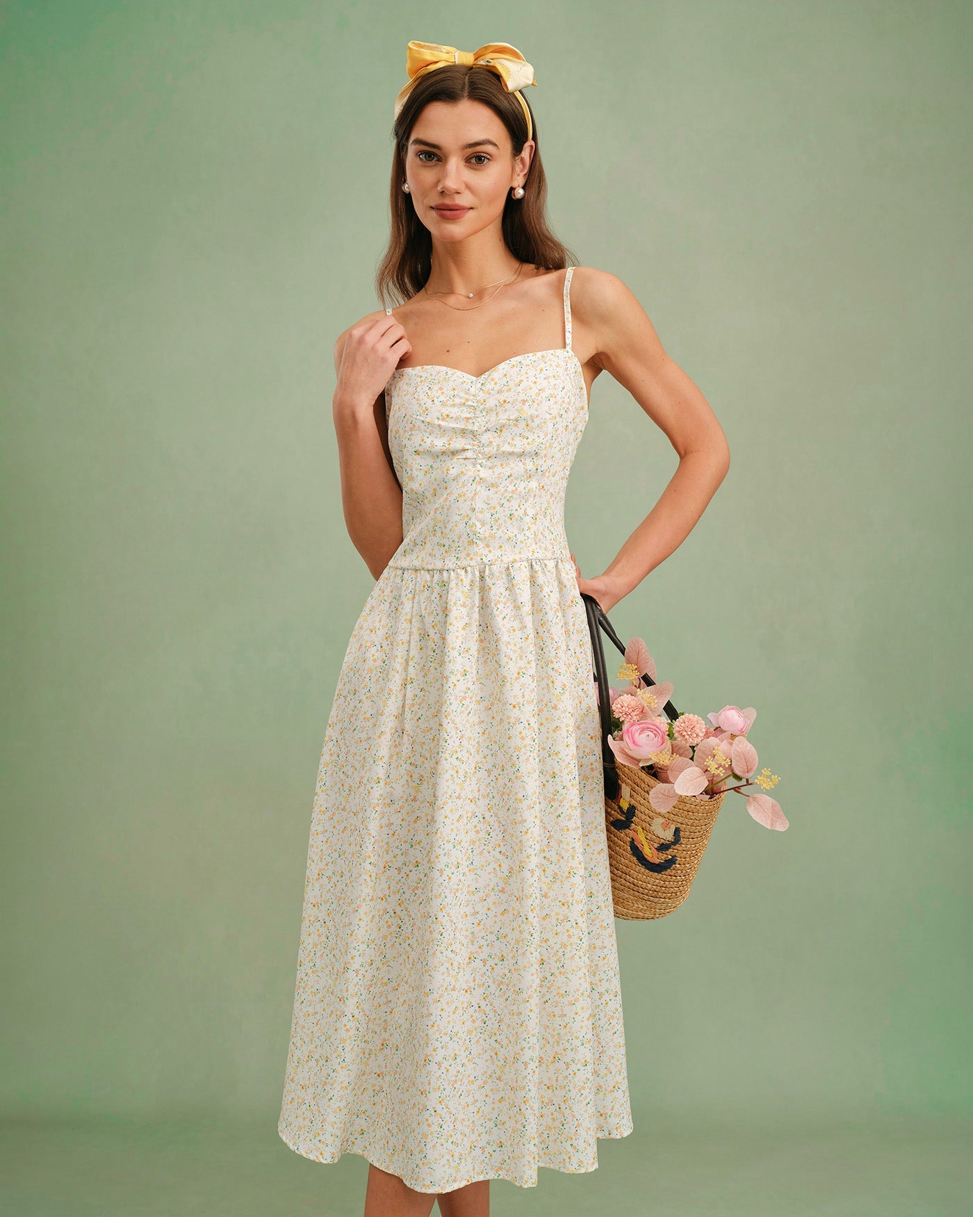Yellow Sweetheart Neck Floral Slip Midi Dress