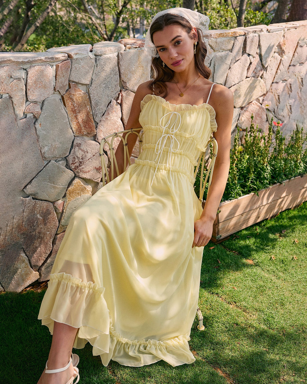 Yellow Sweetheart Neck Ruffle Midi Dress