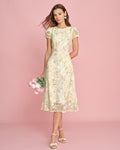 Yellow Puffed Sleeve Jacquard Midi Dress