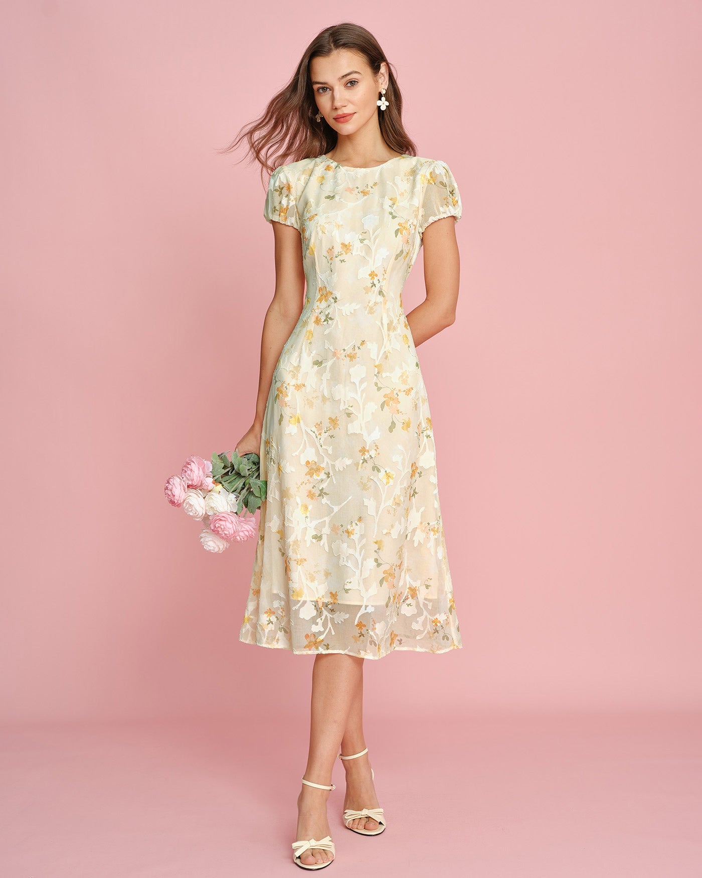 Yellow Puffed Sleeve Jacquard Midi Dress