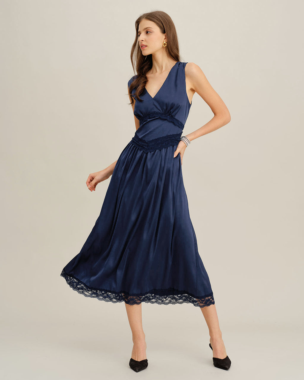 Blue V Neck A-Line Sleeveless Midi Dress
