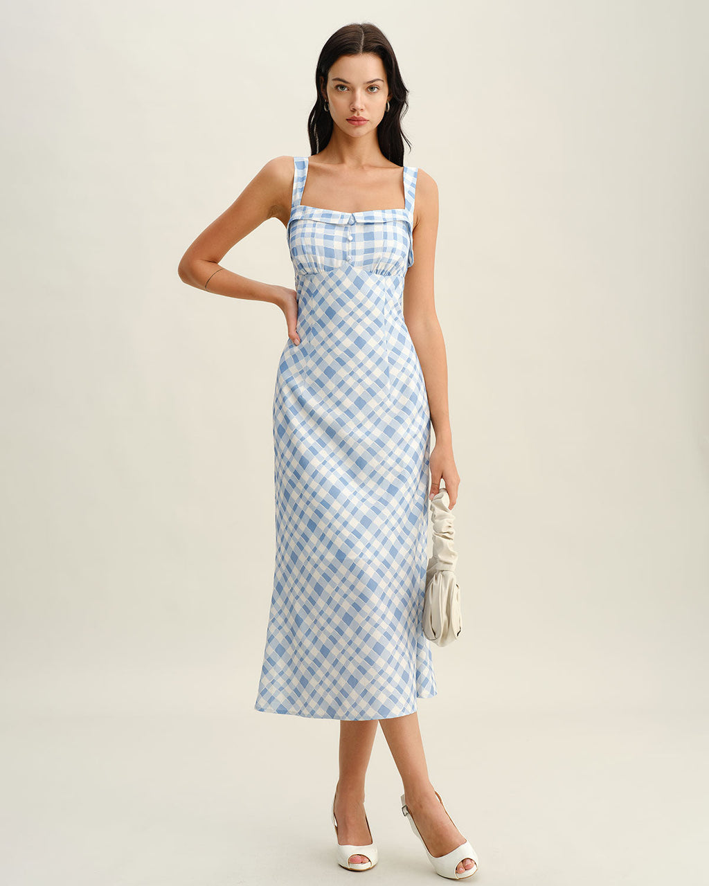 Blue Plaid Square Neck Slip Midi Dress