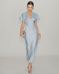 Blue V Neck Cowl Sleeve Satin Midi Dress