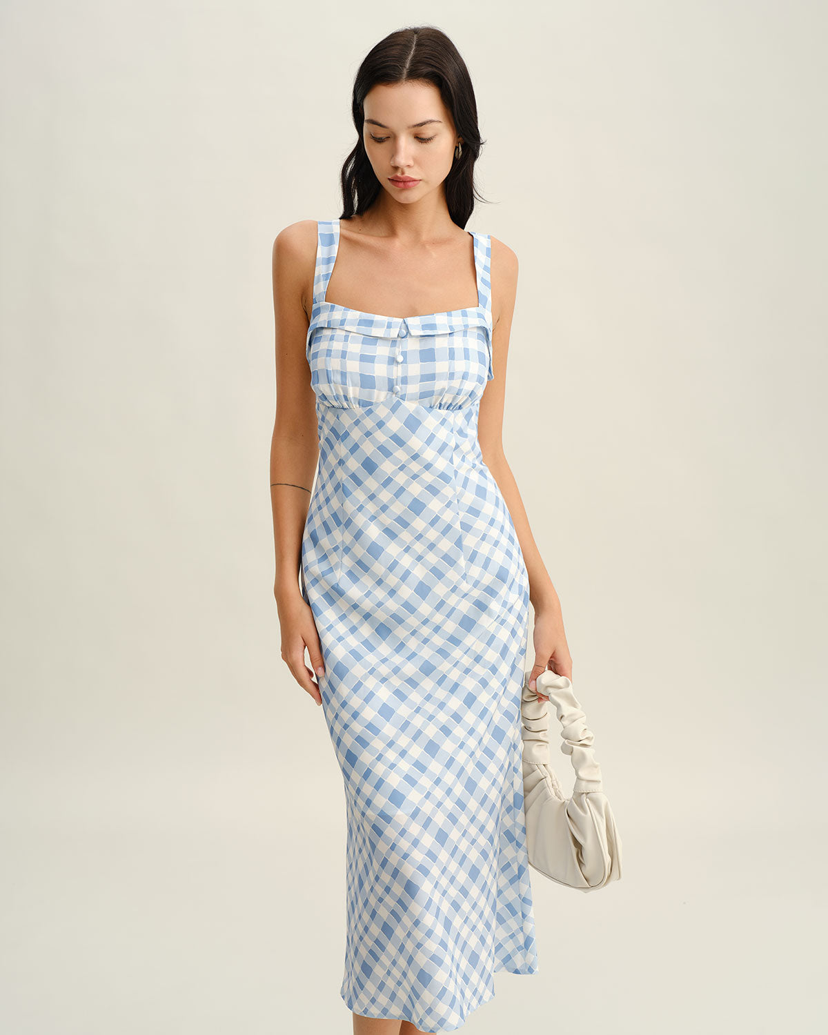 Blue Plaid Square Neck Slip Midi Dress