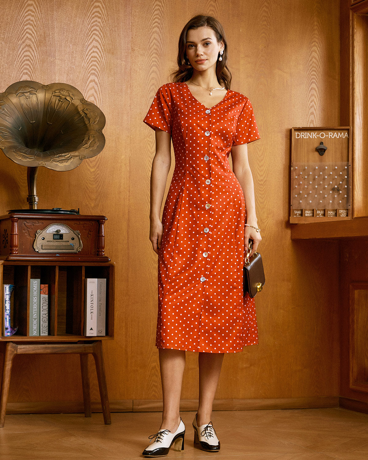 Red Polka Dot Button Midi Dress