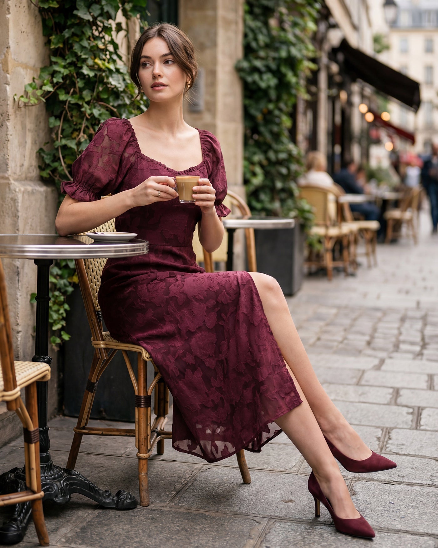 Wine Red Jacquard Slit Midi Dress