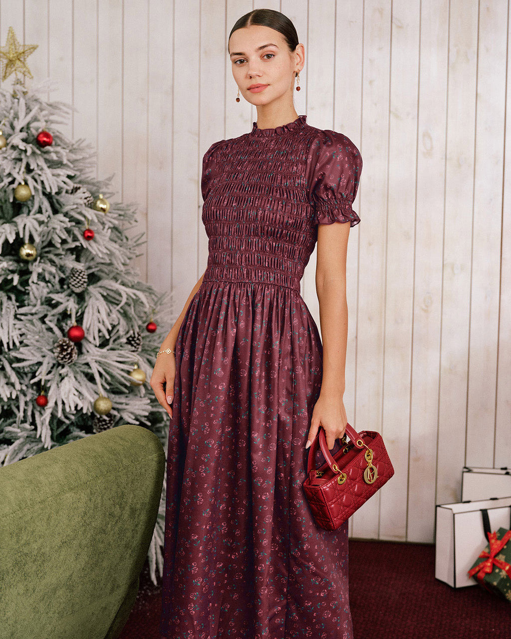 Wine Red Floral Shirred Puffed Sleeve Midi Dress