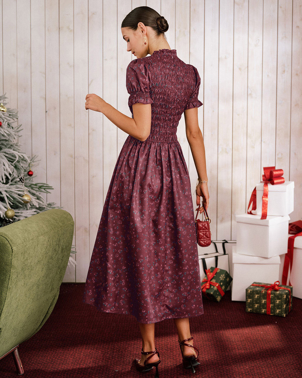 Wine Red Floral Shirred Puffed Sleeve Midi Dress