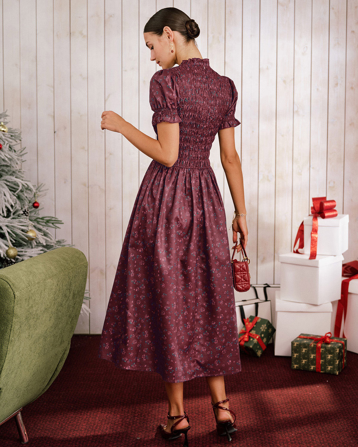 Wine Red Floral Shirred Puffed Sleeve Midi Dress