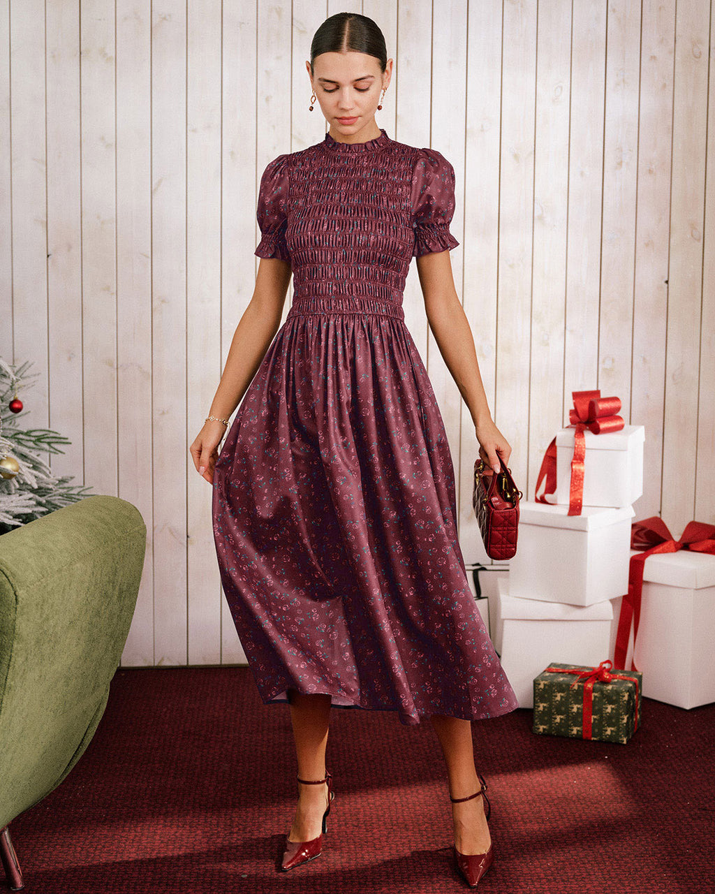 Wine Red Floral Shirred Puffed Sleeve Midi Dress