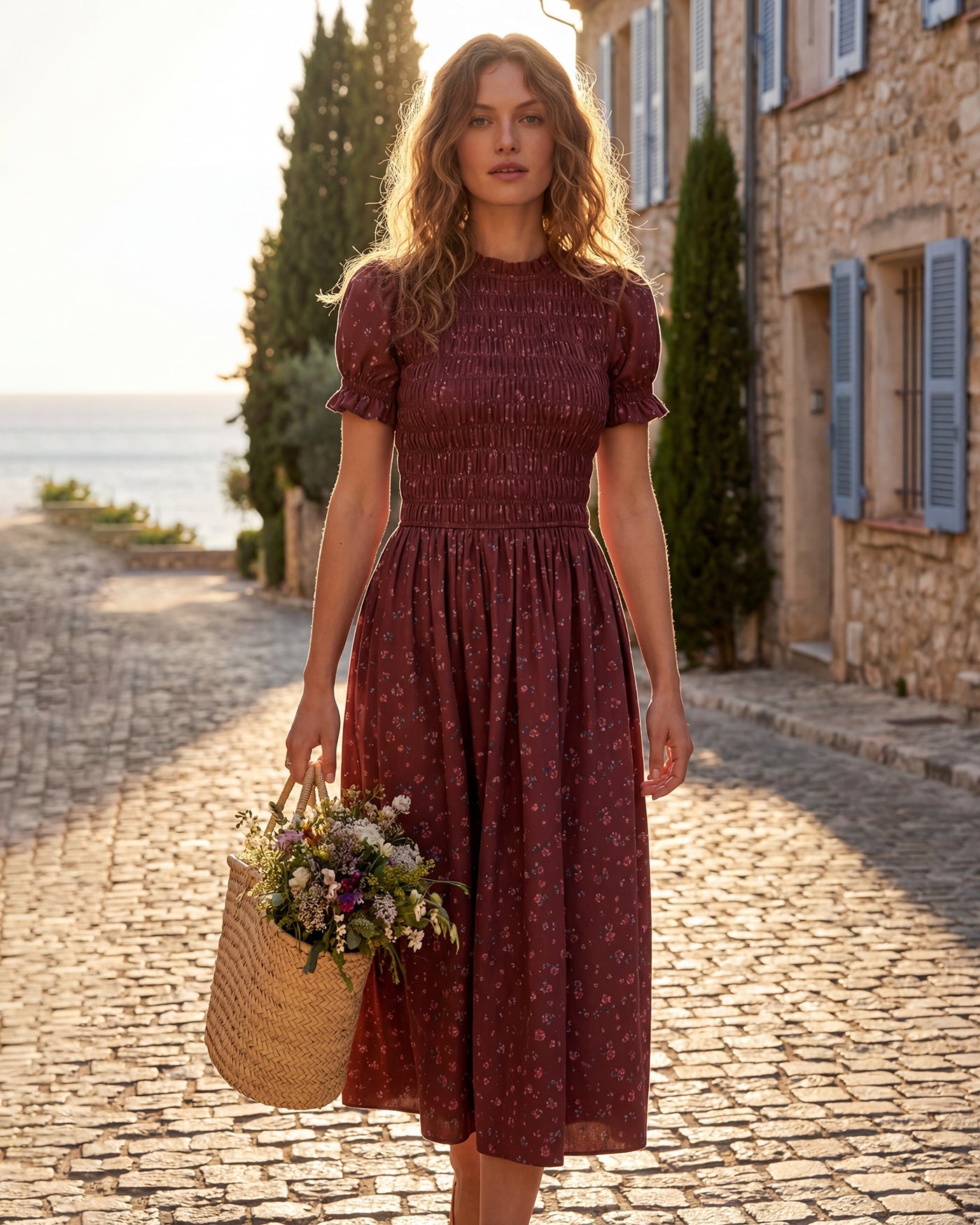 Wine Red Floral Shirred Puffed Sleeve Midi Dress