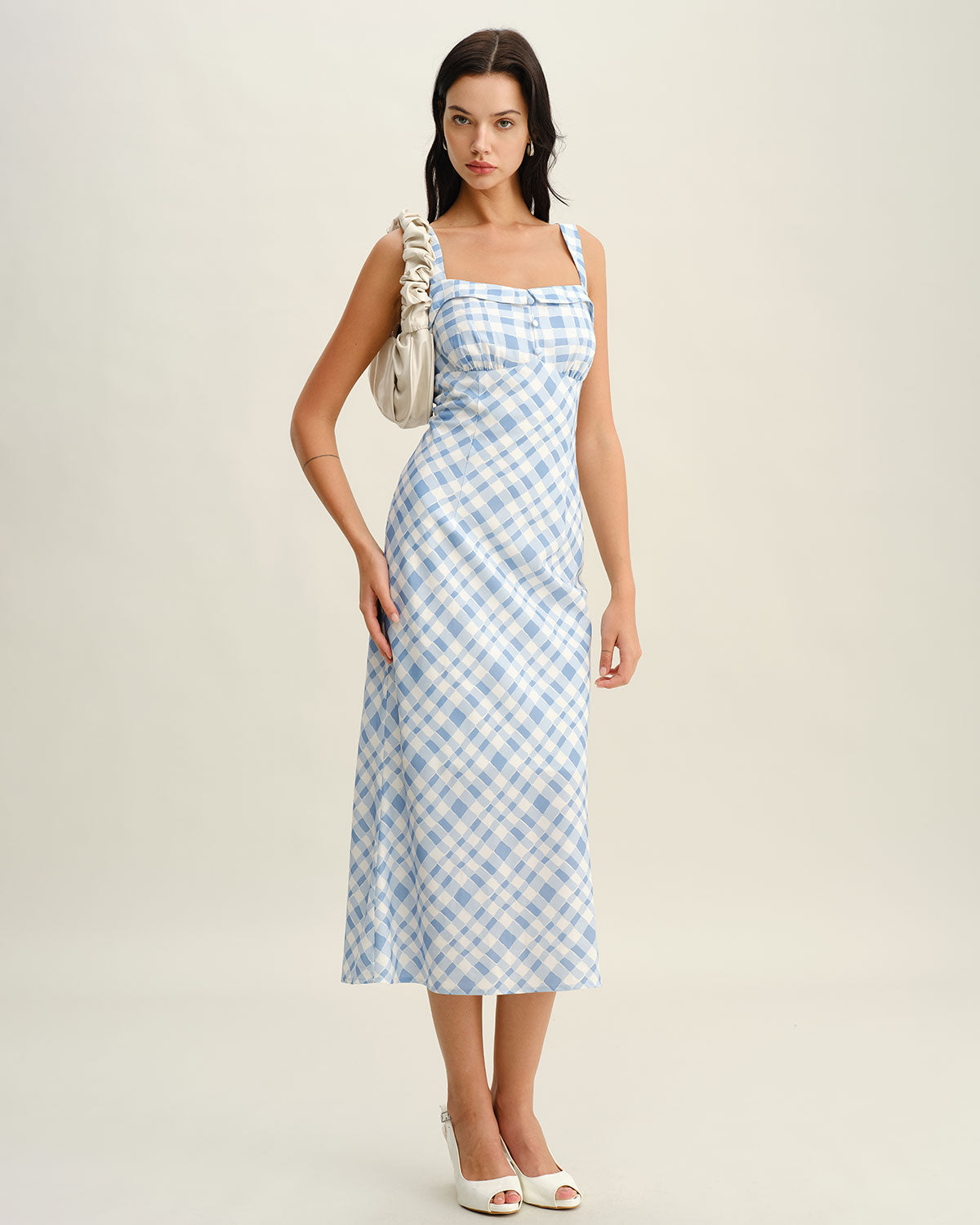 Blue Plaid Square Neck Slip Midi Dress