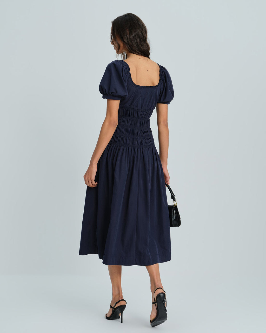 Blue Puffed Sleeve Shirred Midi Dress