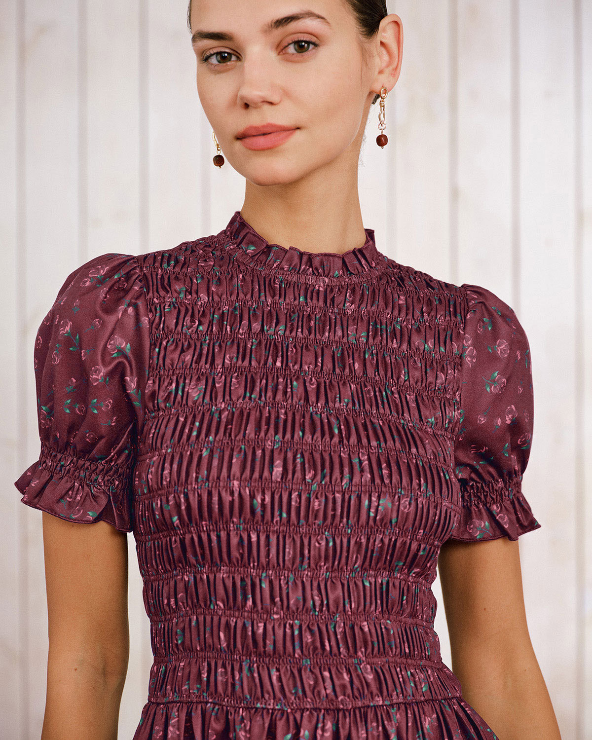 Wine Red Floral Shirred Puffed Sleeve Midi Dress