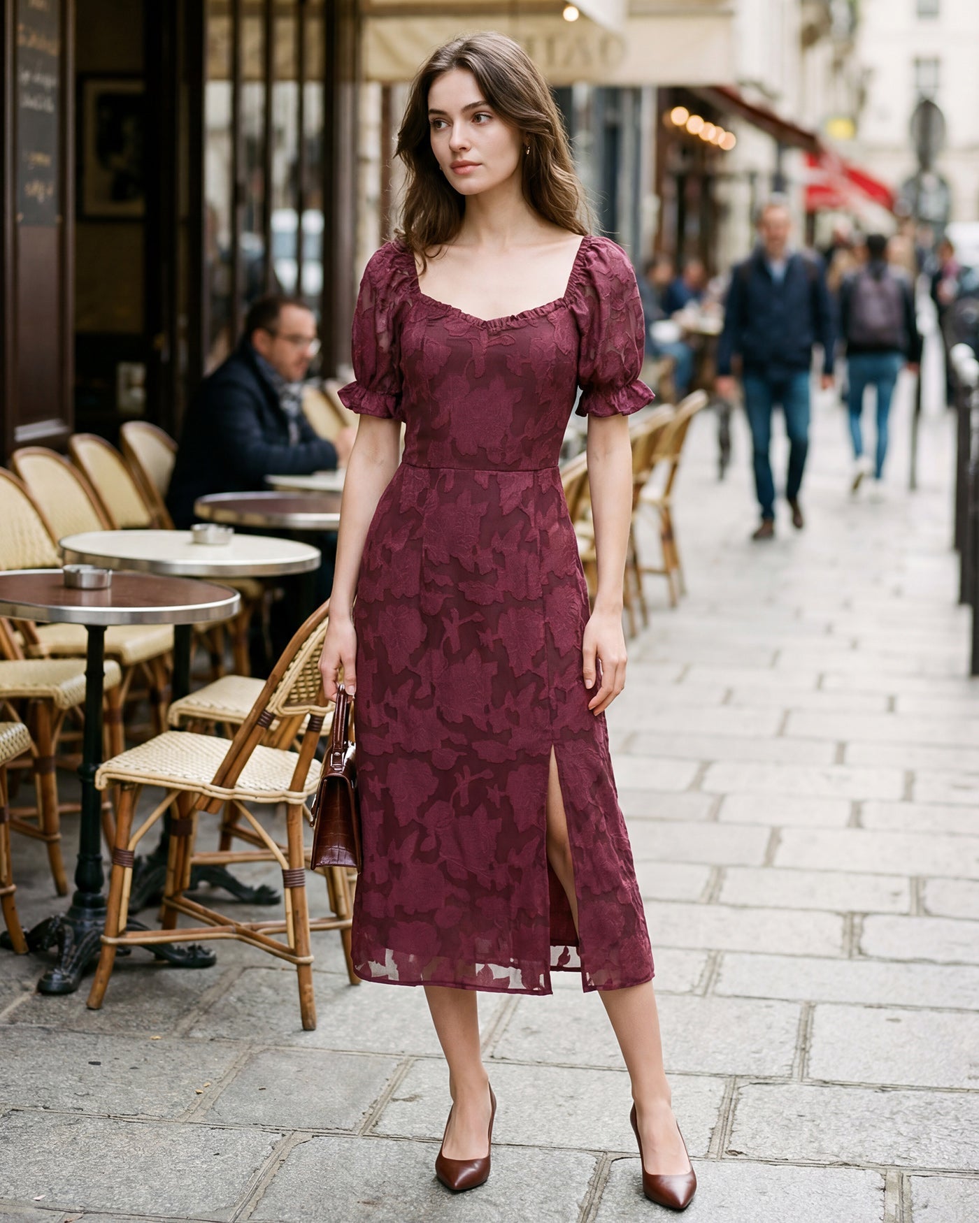 Wine Red Jacquard Slit Midi Dress