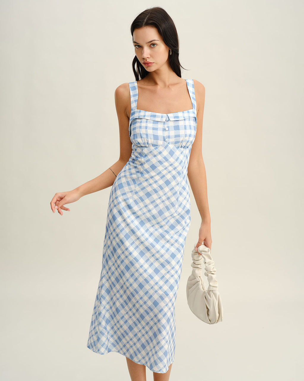 Blue Plaid Square Neck Slip Midi Dress
