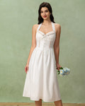 White Embroidery A-Line Halter Midi Dress