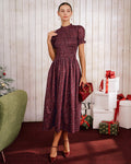 Wine Red Floral Shirred Puffed Sleeve Midi Dress
