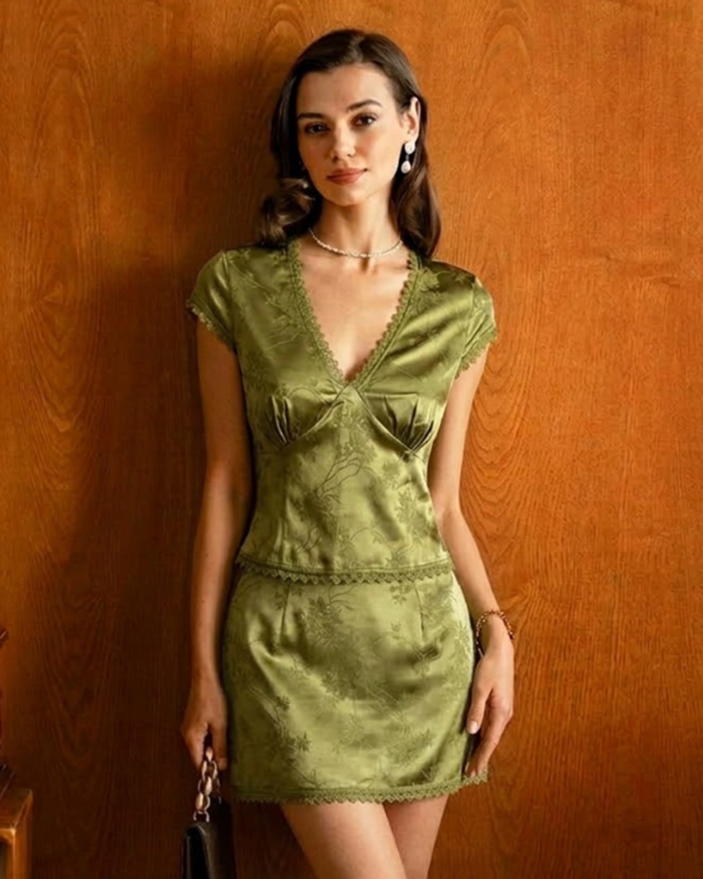 Green Floral Satin Mini Skirt