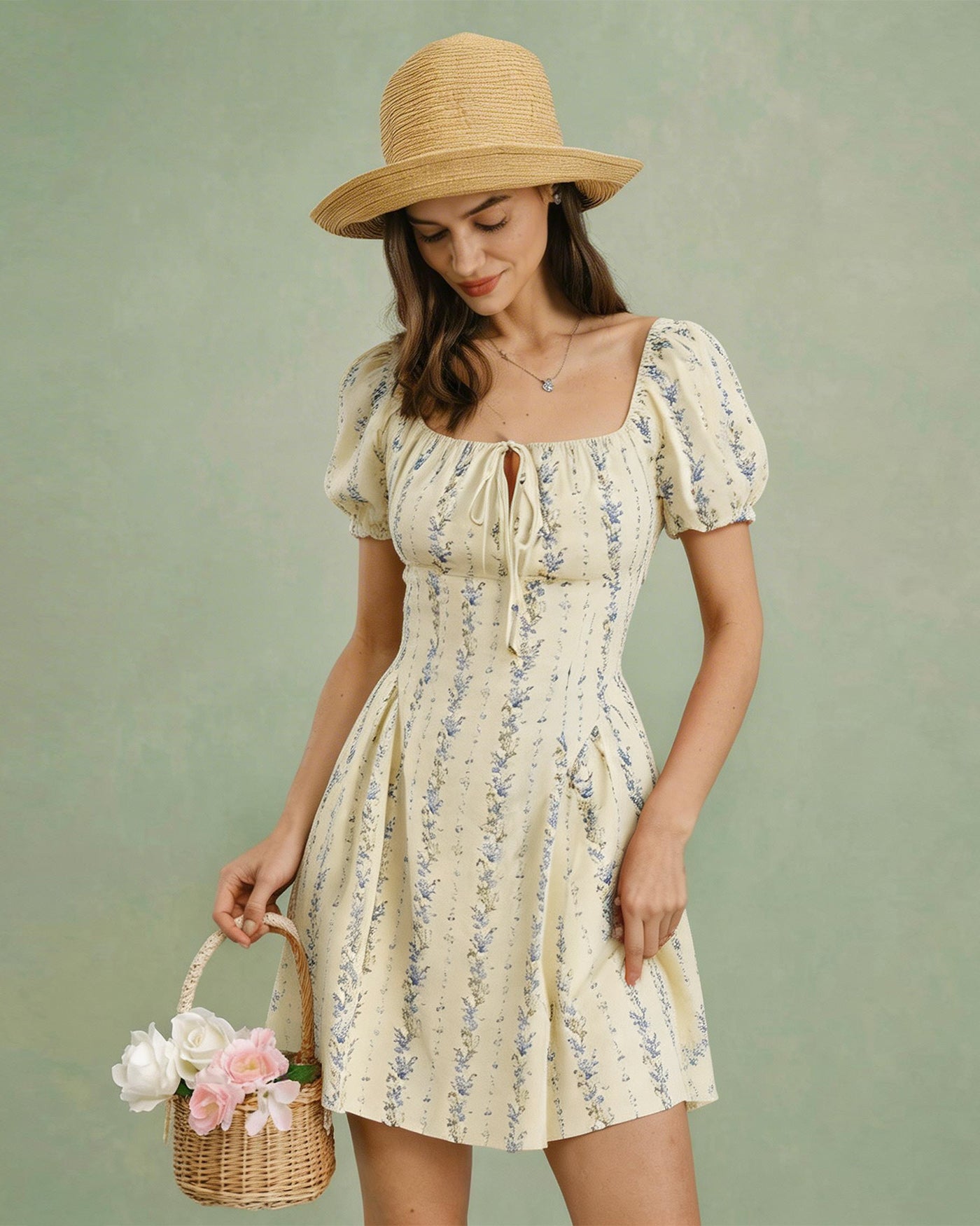 Apricot Square Neck Floral Mini Dress