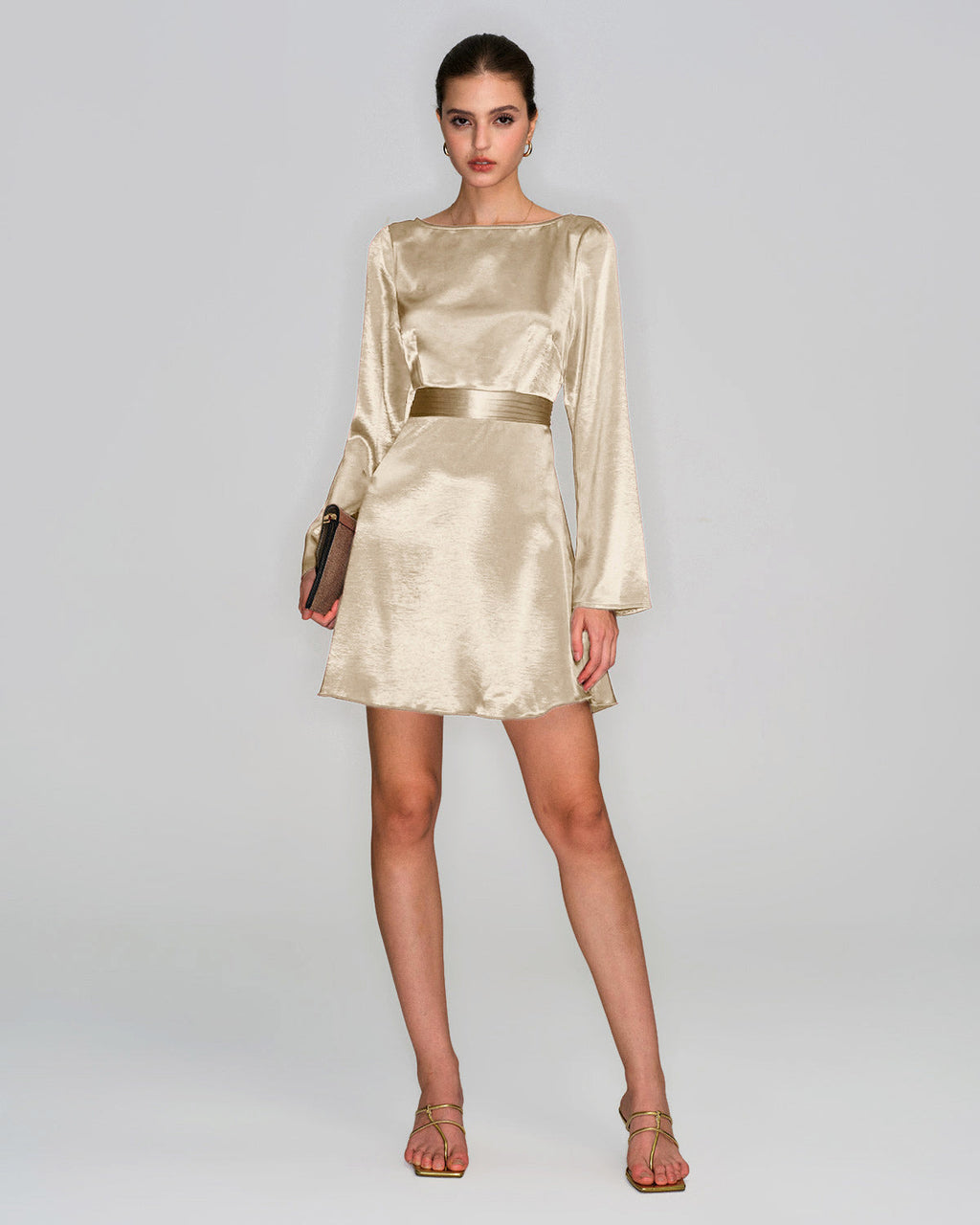Apricot Boat Neck Satin A-Line Mini Dress
