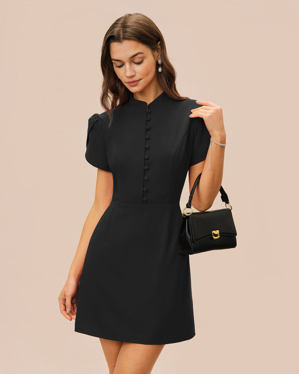 Black Mandarin Collar Petal Sleeve Mini Dress