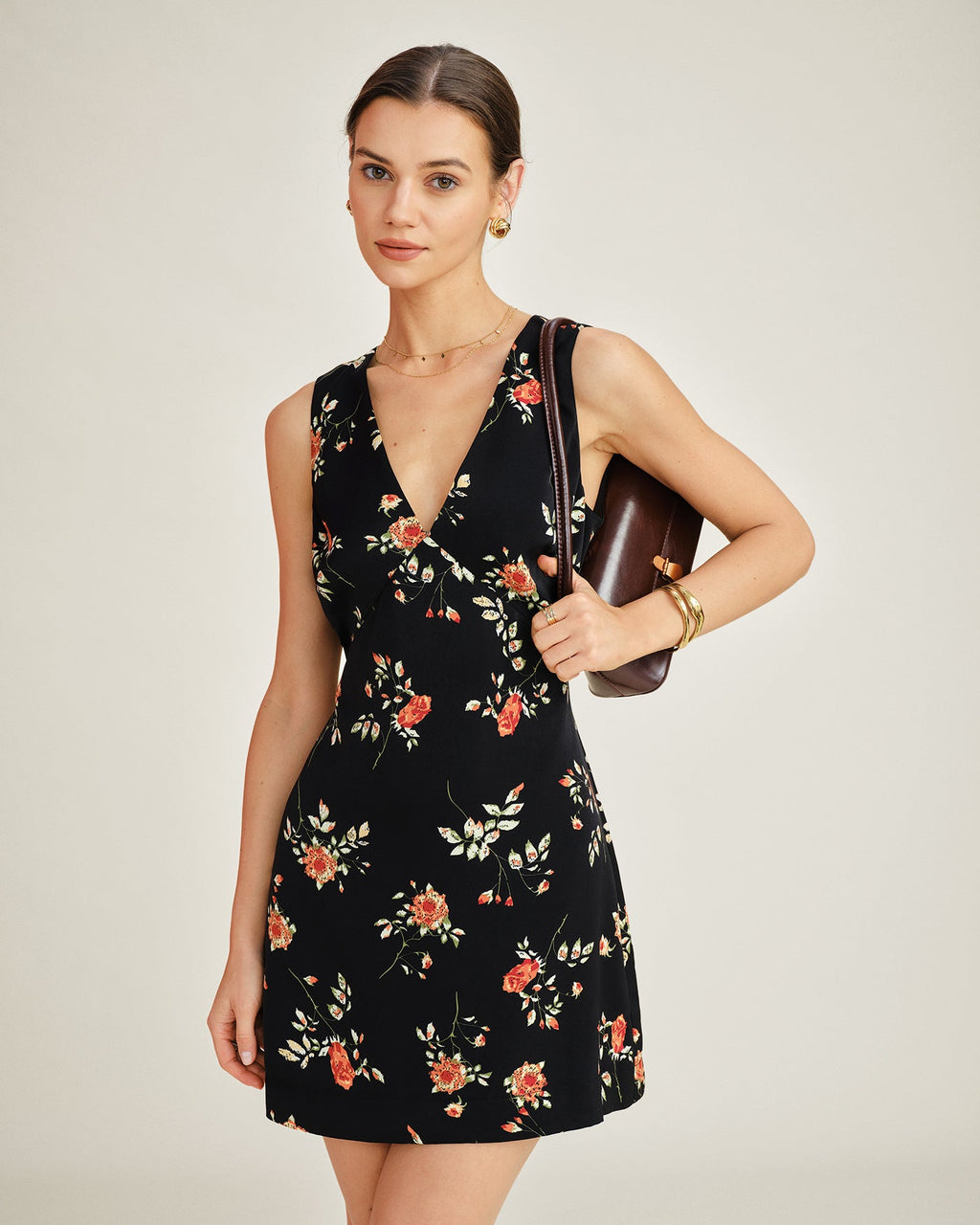Black V Neck Floral A-Line Mini Dress