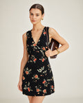 Black V Neck Floral A-Line Mini Dress