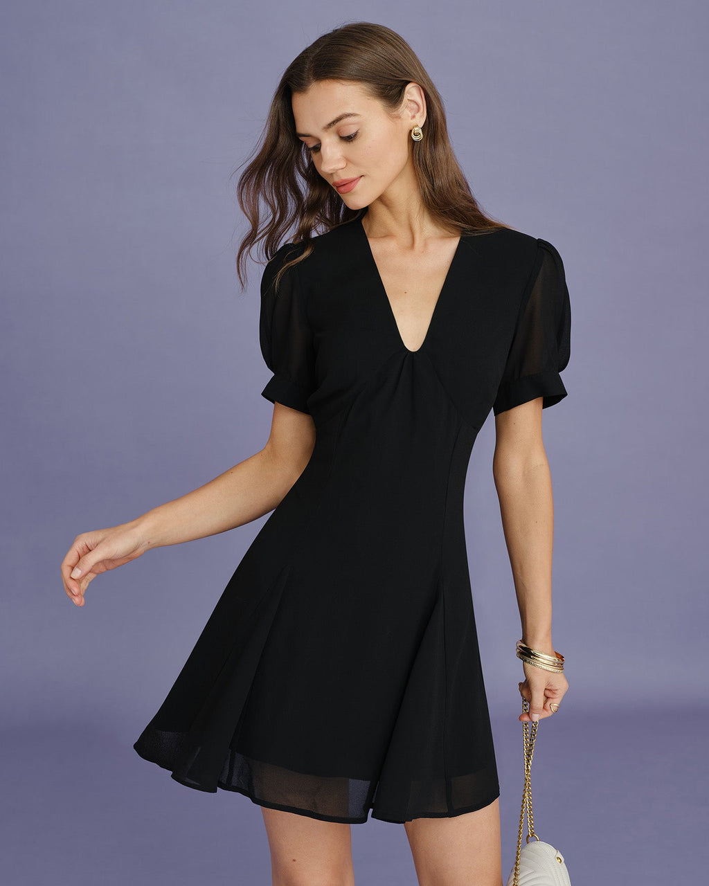 Black V Neck Puffed Sleeve Mini Dress